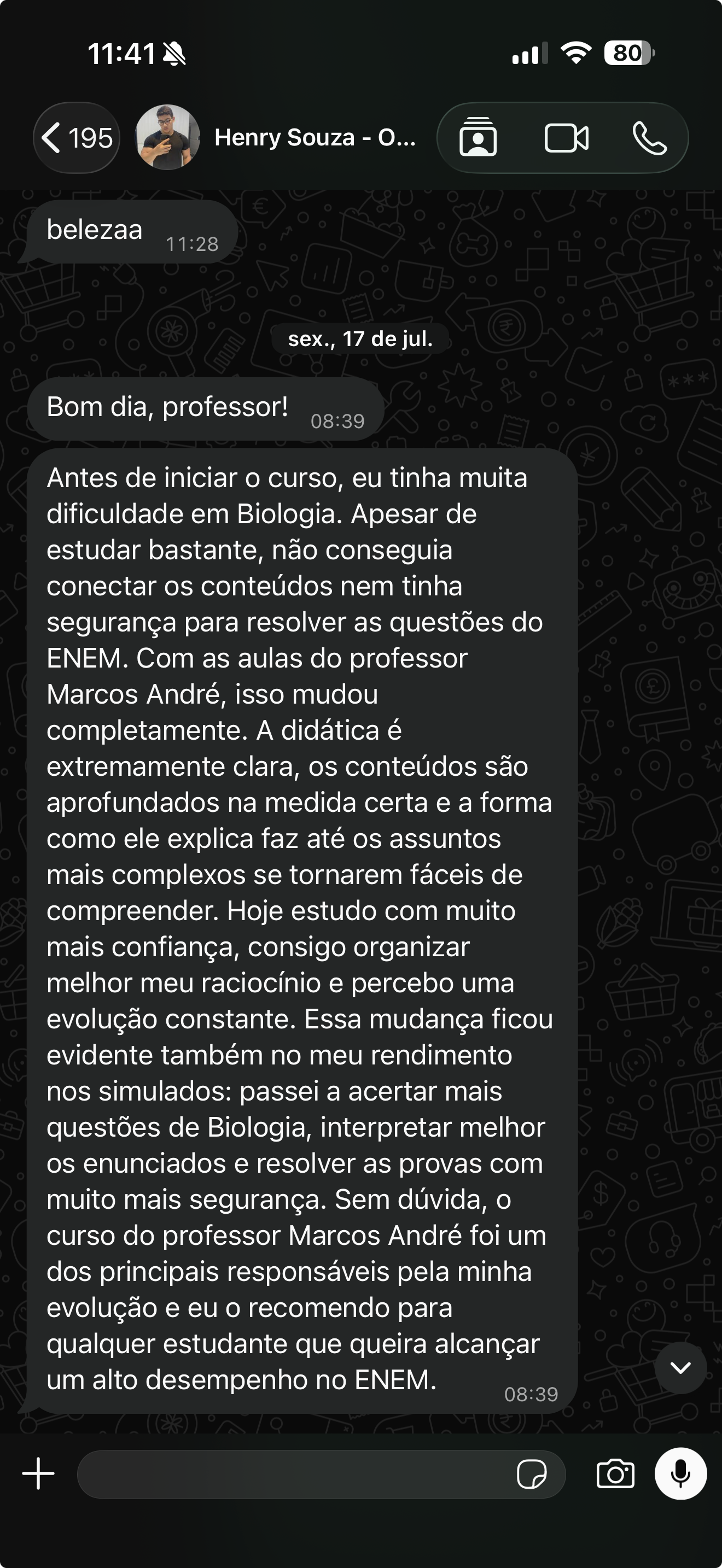 Print do depoimento escrito por Henry Souza sobre a Turma Extensiva de Biologia