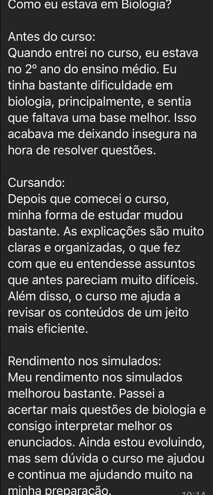 Print do depoimento escrito por Maria Clara sobre a Turma Extensiva de Biologia