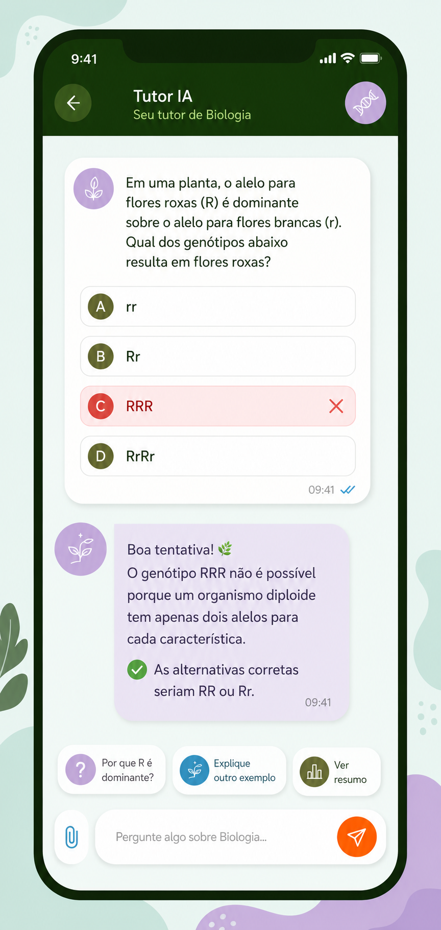 Tela do Tutor Pro explicando o erro de uma questão de genética